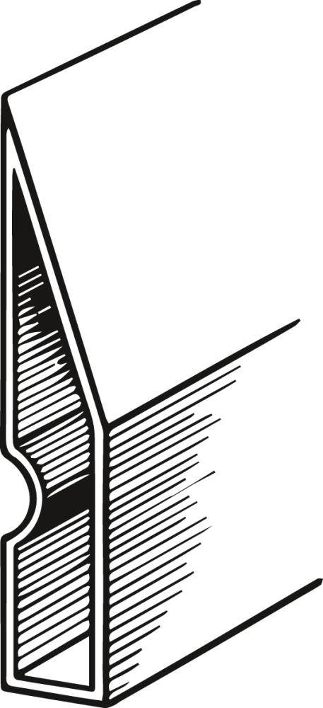 Schwarz-weiße technische Illustration einer abgeschrägten Ecke aus Metall oder Kunststoff mit schraffierter Schattierung, die ein Querschnittsprofil zeigt.