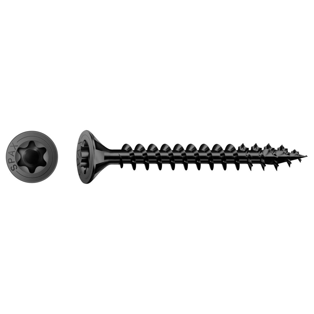 Schwarze SPAX-Schraube horizontal dargestellt, mit einer Nahaufnahme des Schraubenkopfs auf der linken Seite und dem vollständigen Gewinde-Befestigungselement, das sich nach rechts auf schwarzem Hintergrund erstreckt.