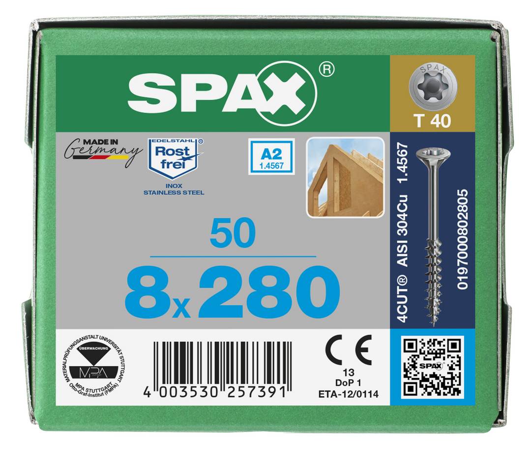 SPAX - Edelstahl A2 - Senkkopf T-STAR plus TX 40 - 8x280 mm - Teilgewinde