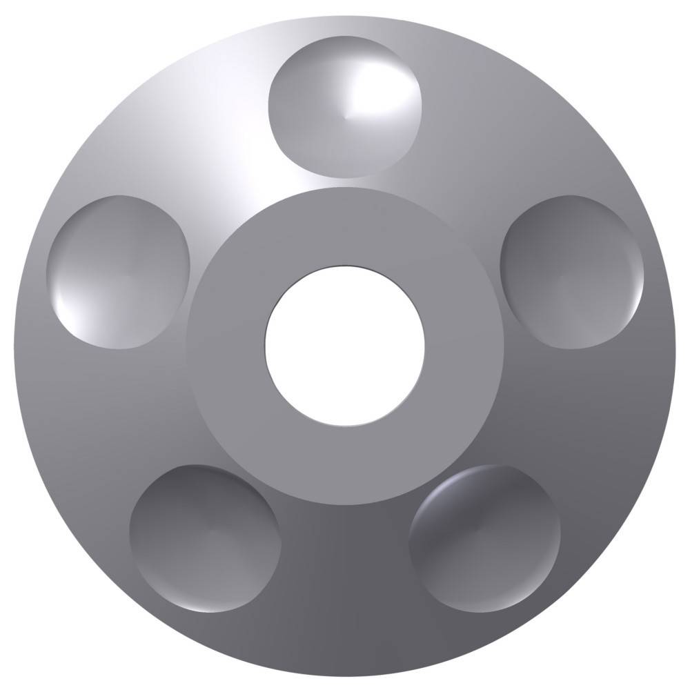 Grauer Metallradzierrat oder Rotor mit fünf gleichmäßig verteilten eingesenkten Löchern um eine zentrale Öffnung, von oben auf weißem Hintergrund betrachtet.