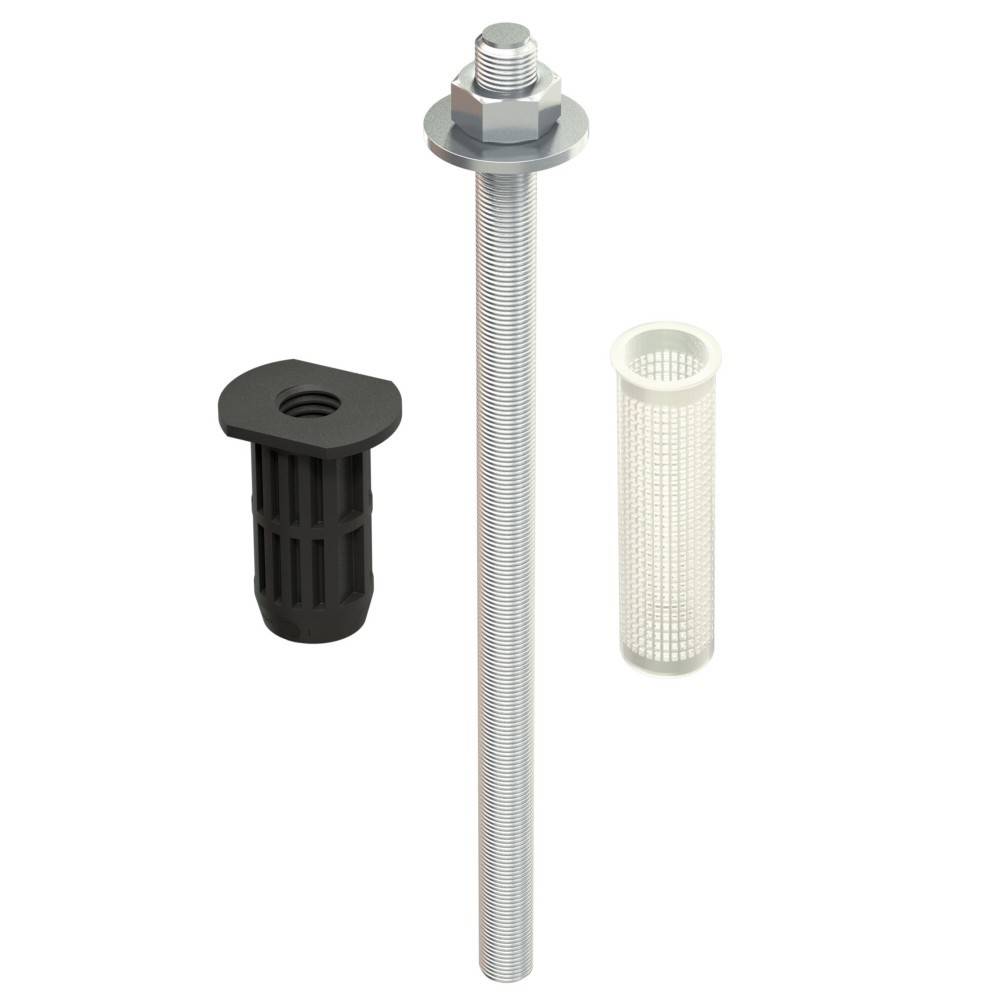 Hardware-Set mit einem langen Gewindestift mit Mutter und Unterlegscheibe sowie zwei kunststoffgesteckten Wanddübeln oder Hülsen auf weißem Hintergrund.