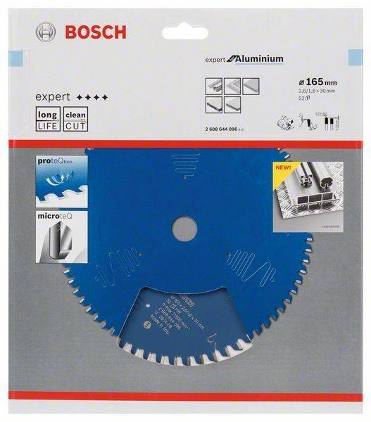 Bosch Expertensägeblatt aus Aluminium mit 'langer Lebensdauer' und 'sauberen Schnitt' Eigenschaften, 165 mm Durchmesser, geeignet zum Schneiden von Aluminium.