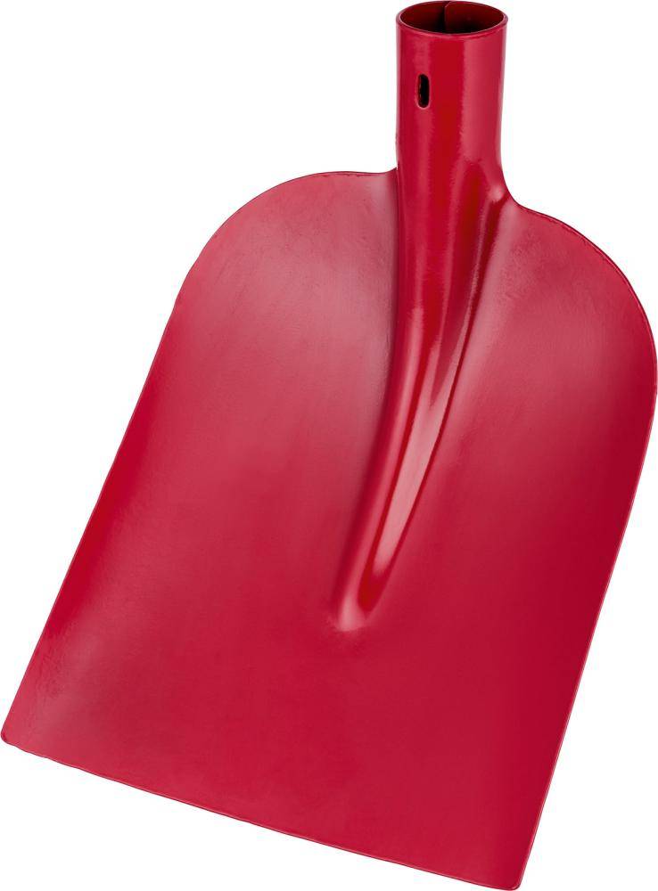 Rote Schneeschaufel mit breiter Kunststoffschaufel und zylindrischer Griffbuchse, auf weißem Hintergrund dargestellt.