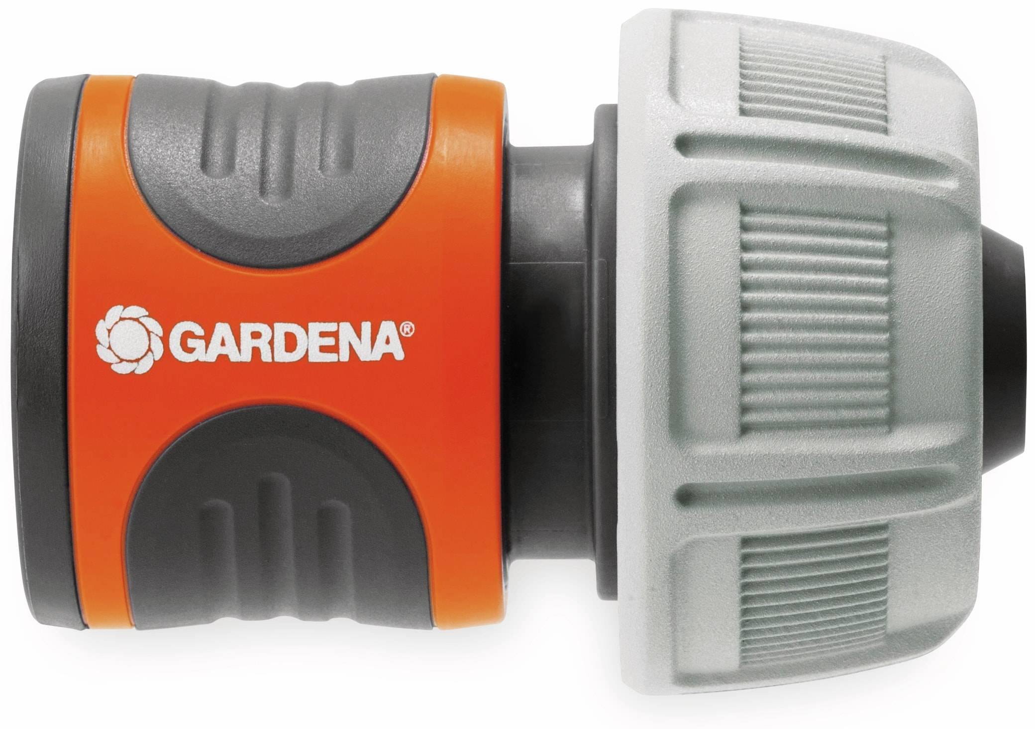 Gardena-Schlauchanschluss mit orangem und grauem Kunststoffgehäuse auf weißem Hintergrund.
