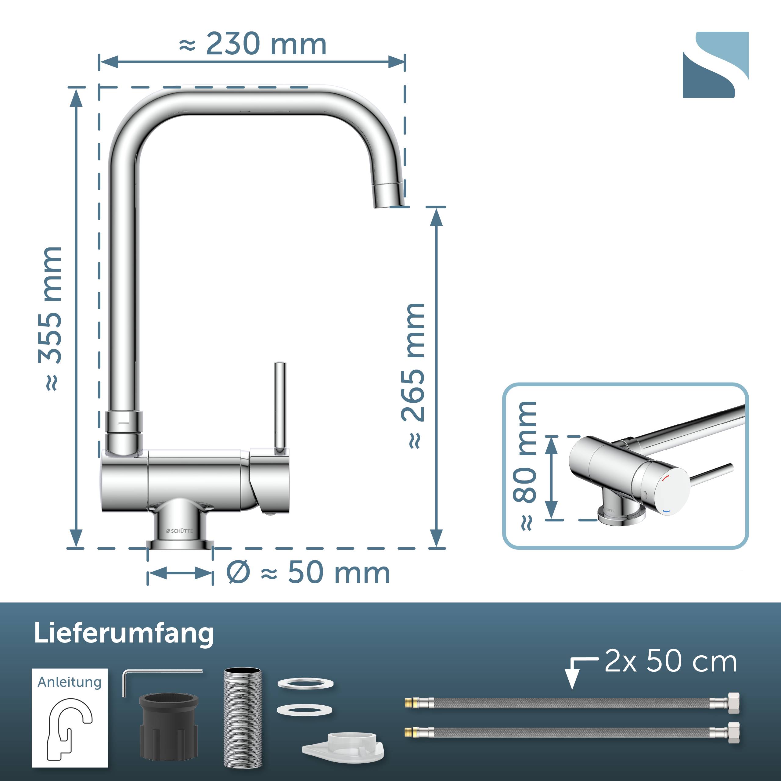 Technisches Diagramm eines Wasserhahns mit ungefähren Abmessungen: 230 mm breit, 355 mm hoch, 265 mm Auslaufhöhe und 50 mm Basisdurchmesser, sowie enthaltene Teile und 2x 50 cm Schläuche.