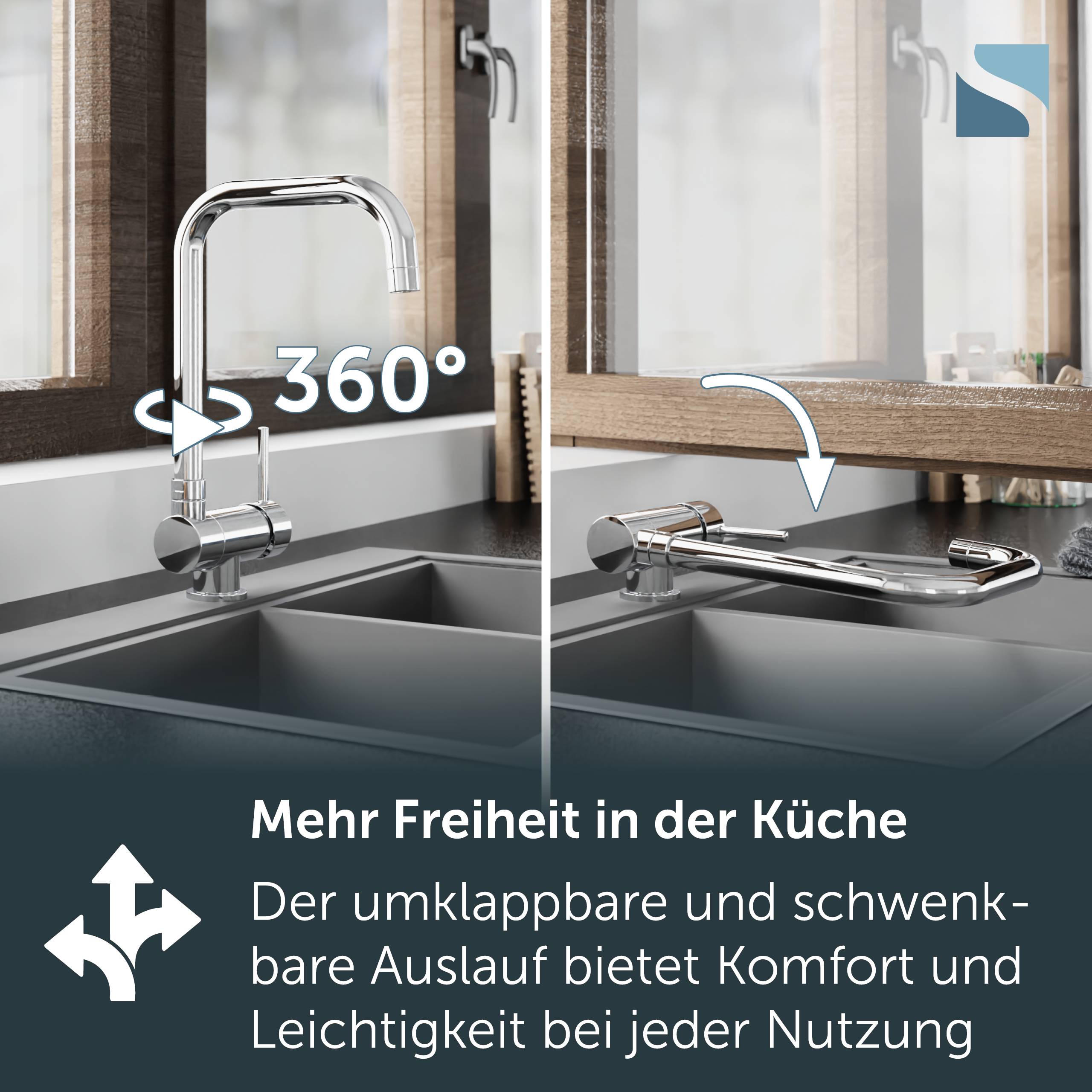 Küchenarmatur mit 360°-Schwenkbereich und klappbarem Auslauf, dargestellt aufrecht und gesenkt, mit der Werbebotschaft „Mehr Freiheit in der Küche" für flexible Nutzung.