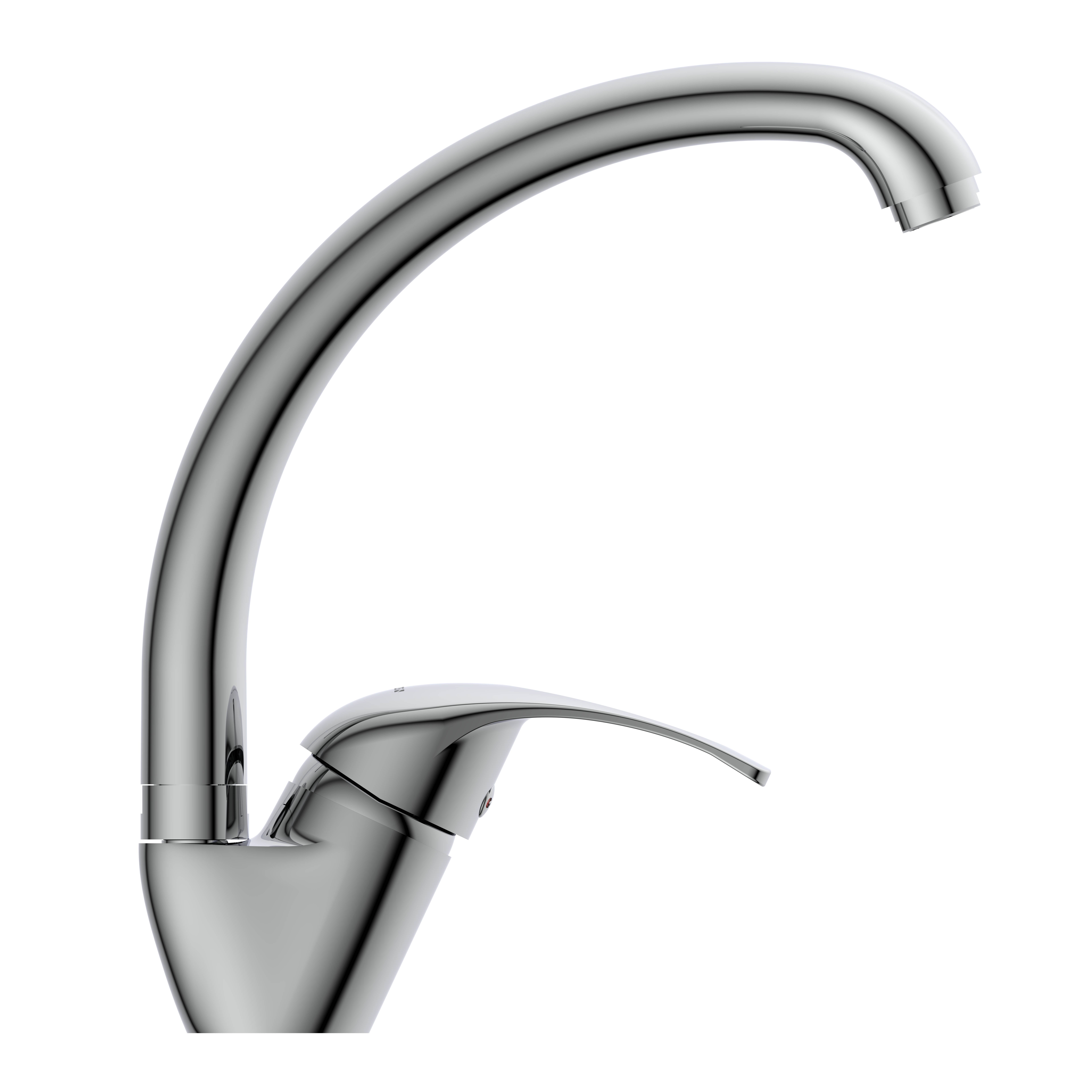 Verchromter Wasserhahn für die Küche mit hochgewölbtem Auslauf und einhebeligem Griff auf schwarzem Hintergrund.