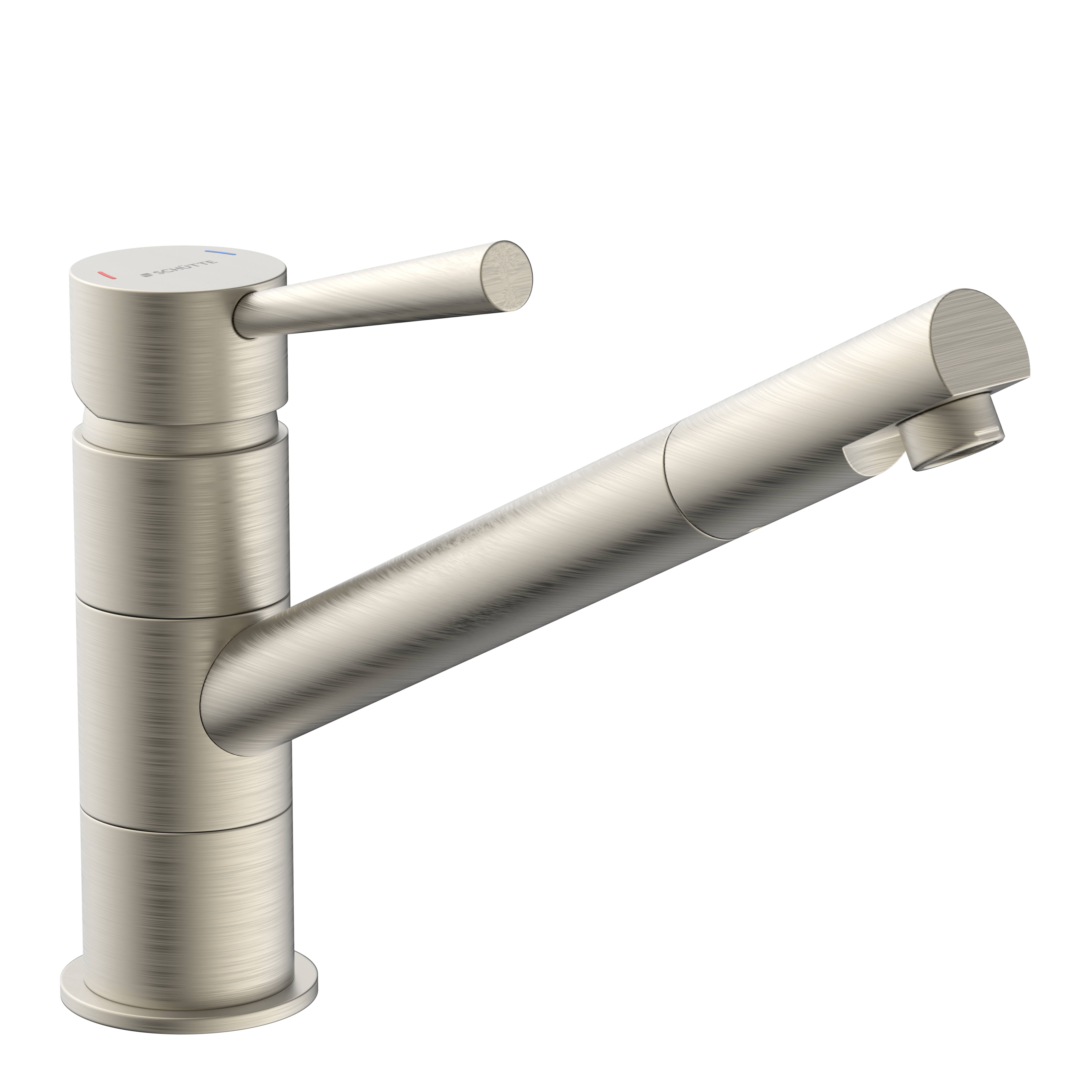 Ein Küchenarmatur aus gebürstetem Metall mit einhebel-Design und ausziehbarer Sprühdüse, vor einem einfachen schwarzen Hintergrund.