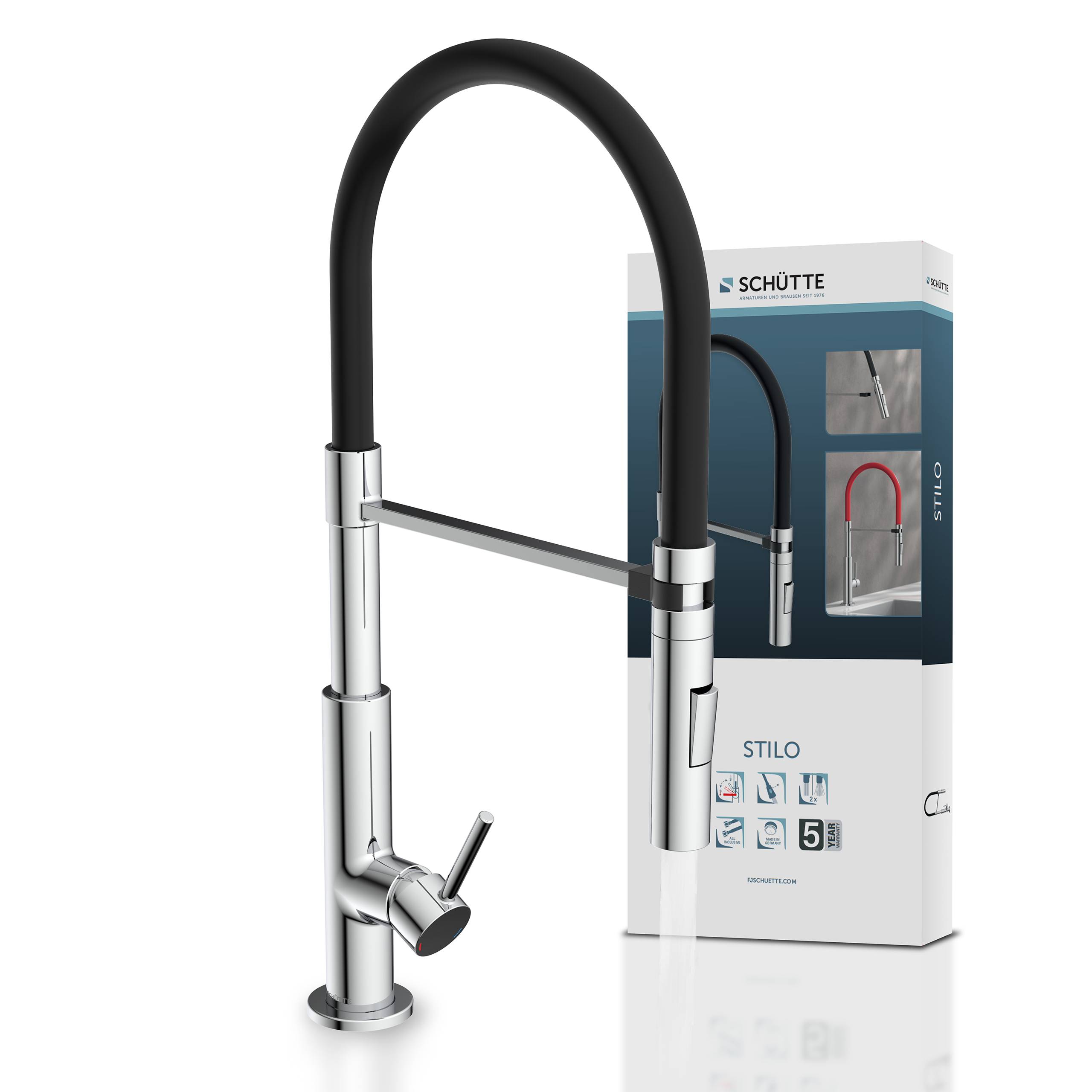 STILO Spültischarmatur, Chrom/Schwarz, Chrom/Rot, mit Soft-Touch Schlauch