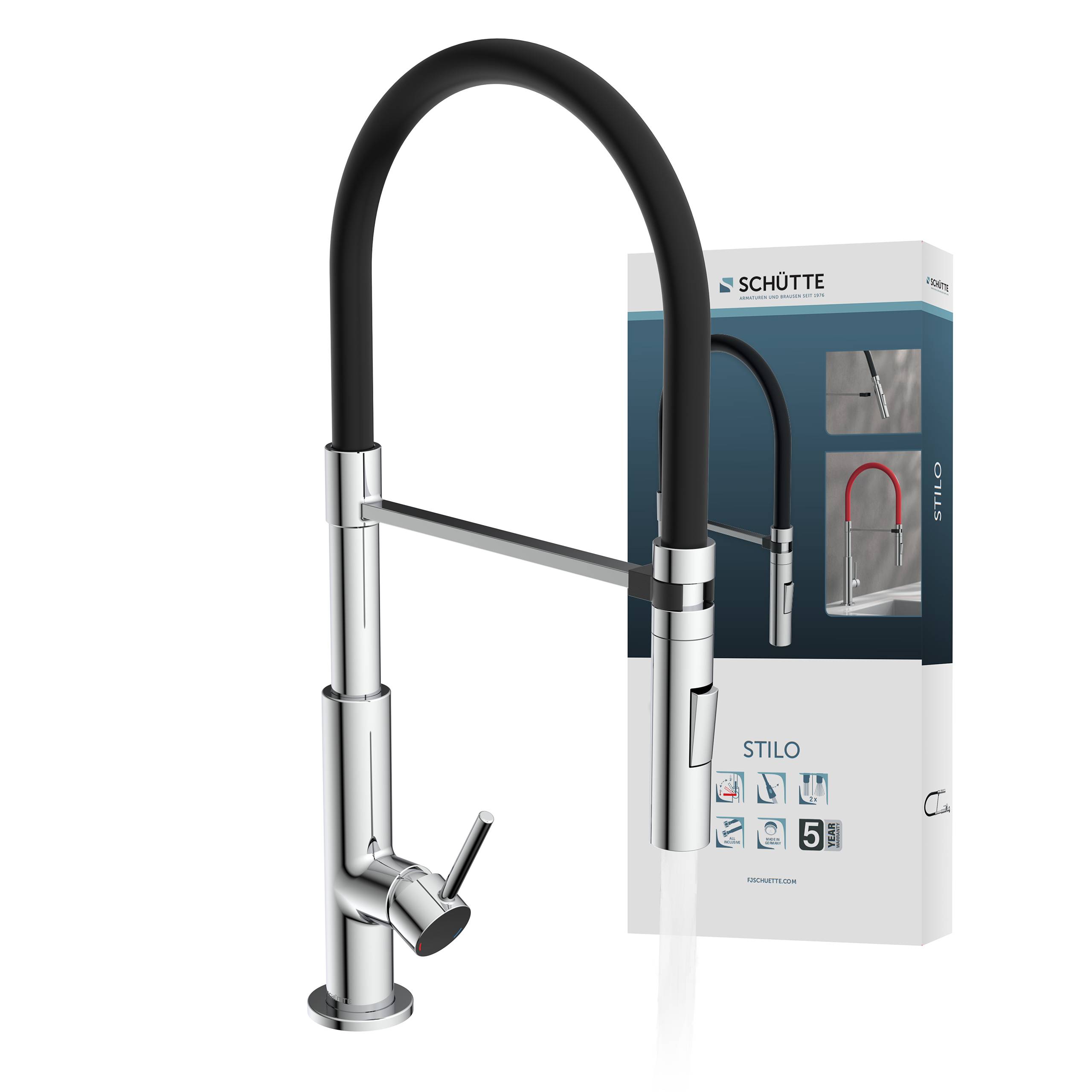 STILO Spültischarmatur, Chrom/Schwarz, Chrom/Rot, mit Soft-Touch Schlauch