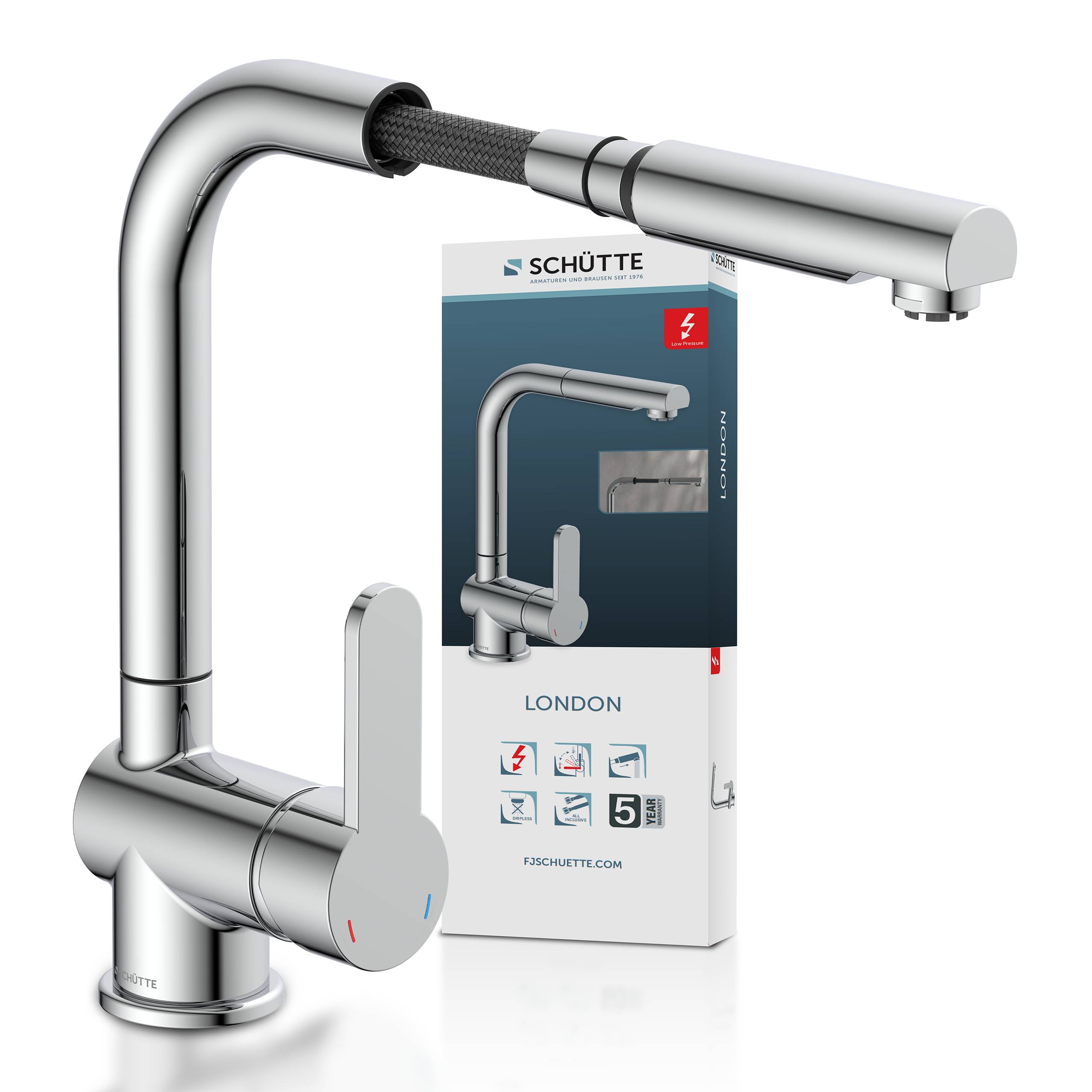 LONDON Spültischarmatur Niederdruck, Chrom, mit herausziehbarem Auslauf