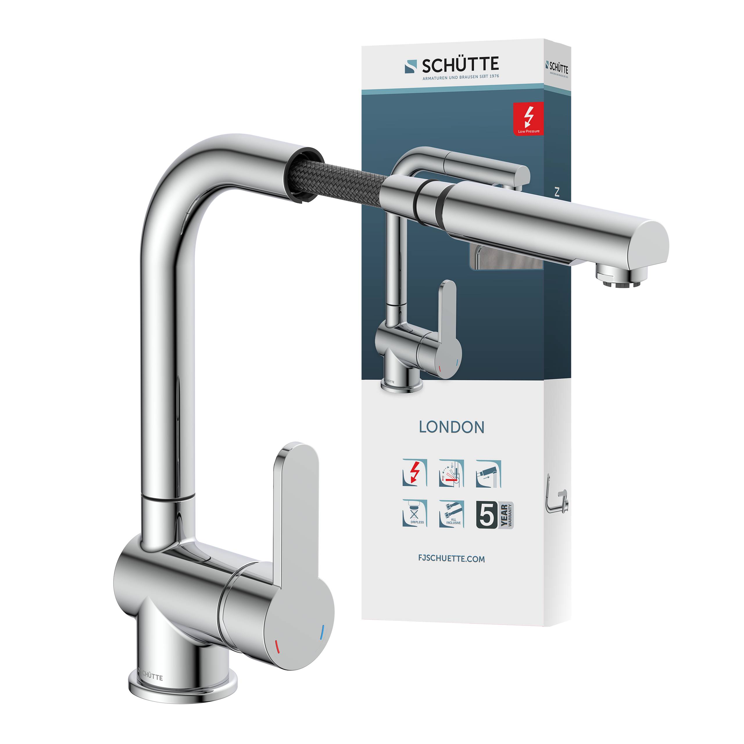 LONDON Spültischarmatur Niederdruck, Chrom, mit herausziehbarem Auslauf