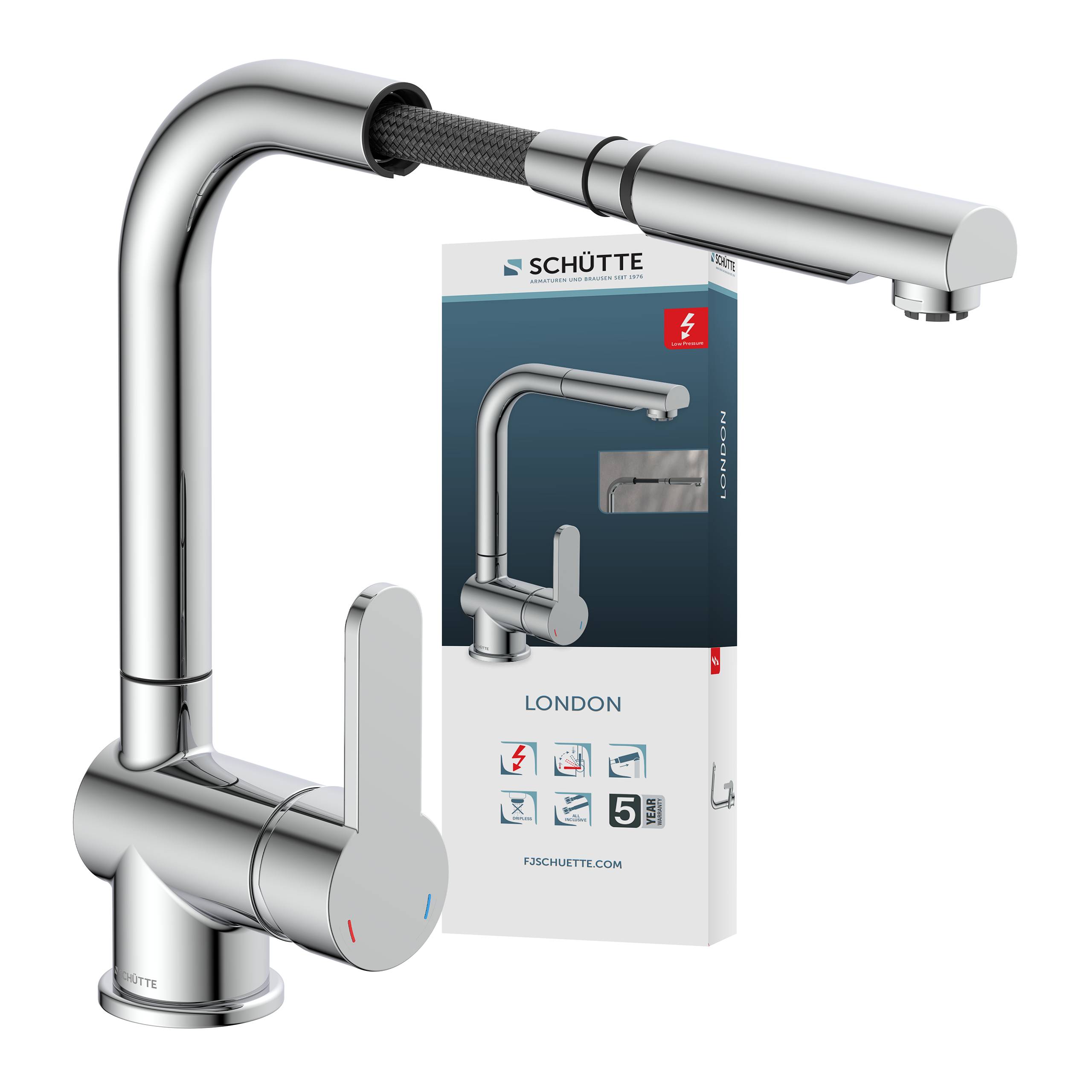 Ein Chromküchenarmatur mit Einhebelbedienung und ausziehbarem Sprayer. Die Verpackung zeigt die Marke 