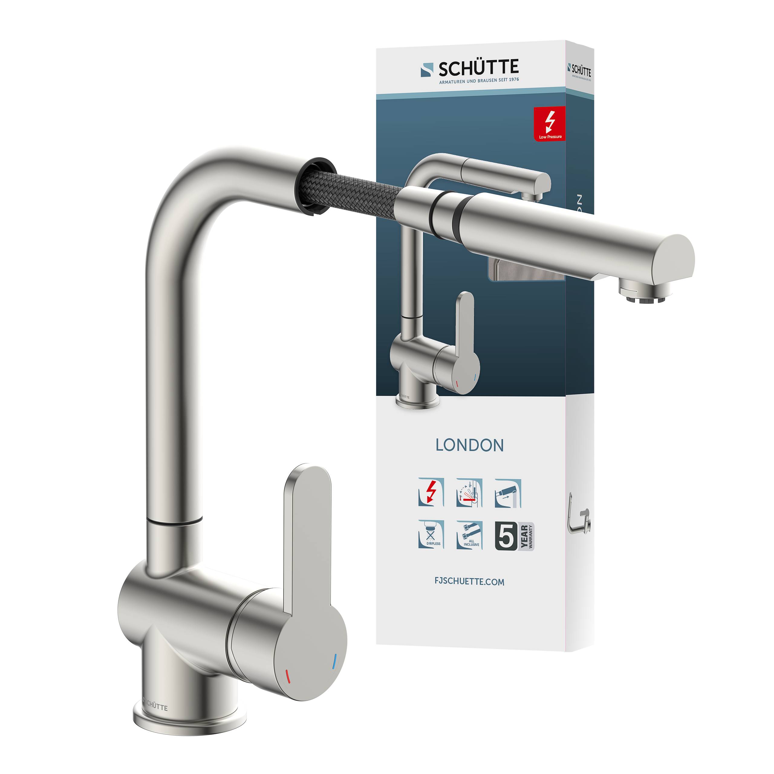 LONDON Spültischarmatur Niederdruck, Edelstahloptik, mit herausziehbarem Auslauf