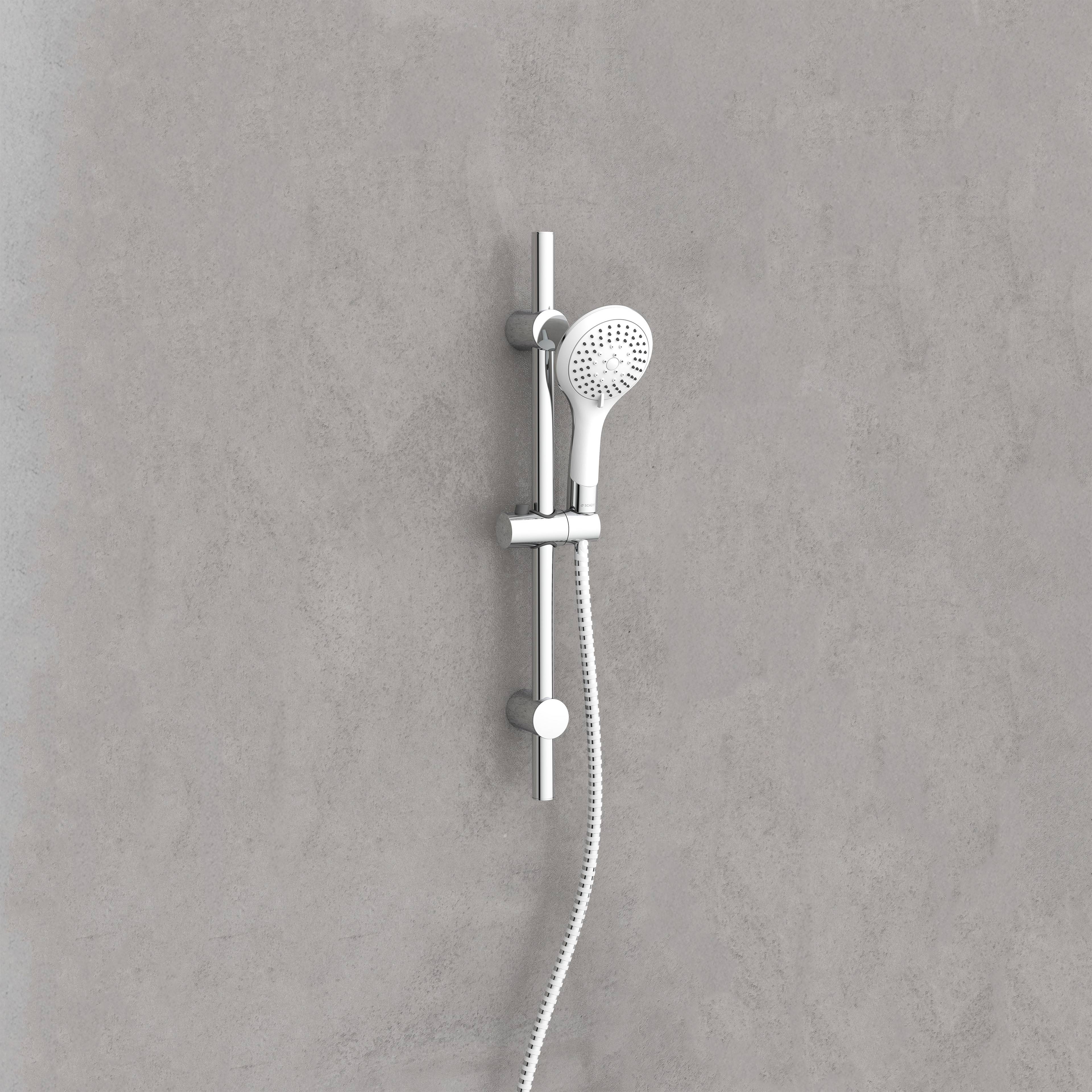 Ein moderner Duschkopf mit verstellbarer Höhe ist an einer grau gefliesten Wand montiert. Das Design ist schlank und minimalistisch mit einer glatten Oberfläche.