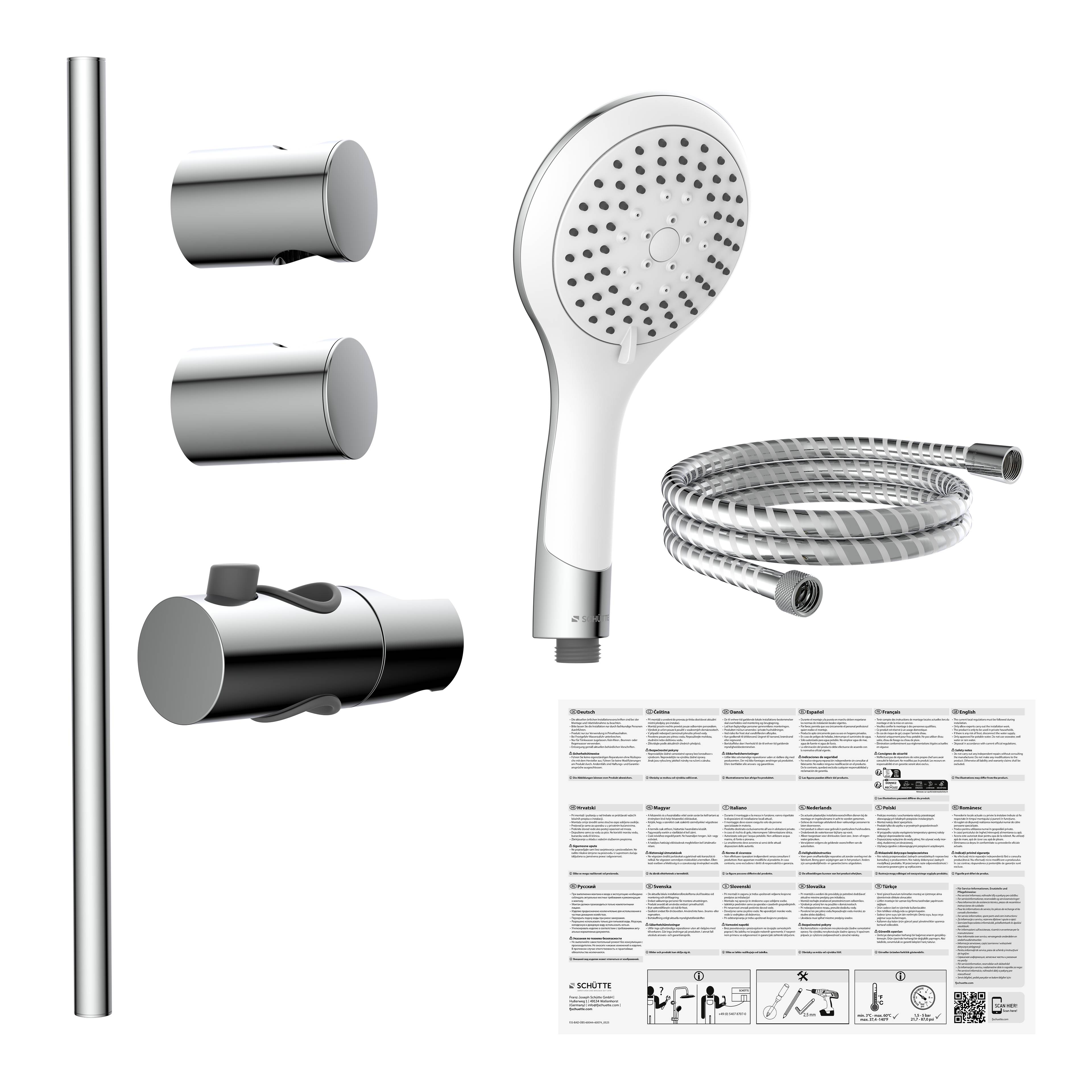 Duschsystemkomponenten auf schwarzem Hintergrund: vertikale Schiene, zwei Wandhalterungen, Mischbatterie, Handbrausekopf, Spiralschlauch und Bedienungsanleitung.