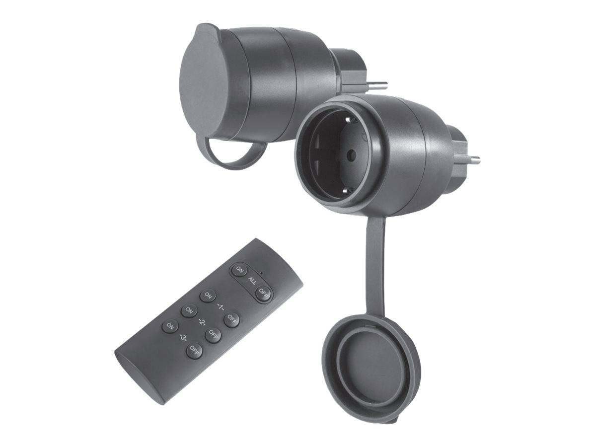 Steckdosenadapter für den Außenbereich mit Fernbedienung; zwei Steckdosenadapter, die jeweils mit einer Schutzkappe versehen sind und mit Standard-europäischen Steckern kompatibel sind.