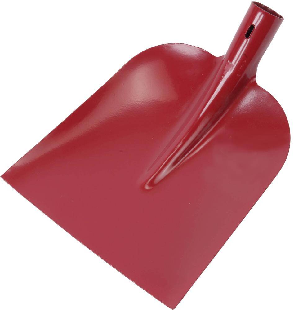 Roter Metallschneeschieber-Kopf mit einer kurzen Griffhülse, dargestellt auf weißem Hintergrund.