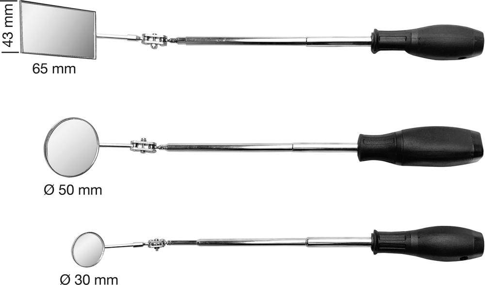 Drei tragbare Inspektionsspiegel mit langen Griffen, die Spiegelgrößen von 65 x 43 mm, 50 mm und 30 mm zeigen.