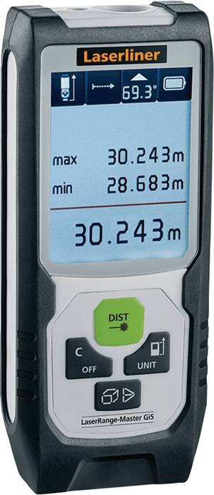 Digitales Entfernungsmessgerät mit Anzeige von 'max 30,243 m', 'min 28,683 m', aktuell '30,243 m'.