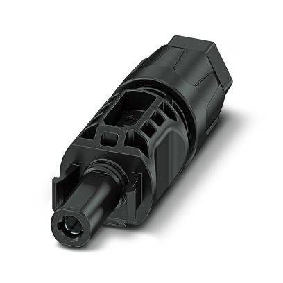 Schwarzer zylindrischer elektrischer Steckverbinder mit Verriegelungsring und vorstehender Stift, dargestellt auf weißem Hintergrund.