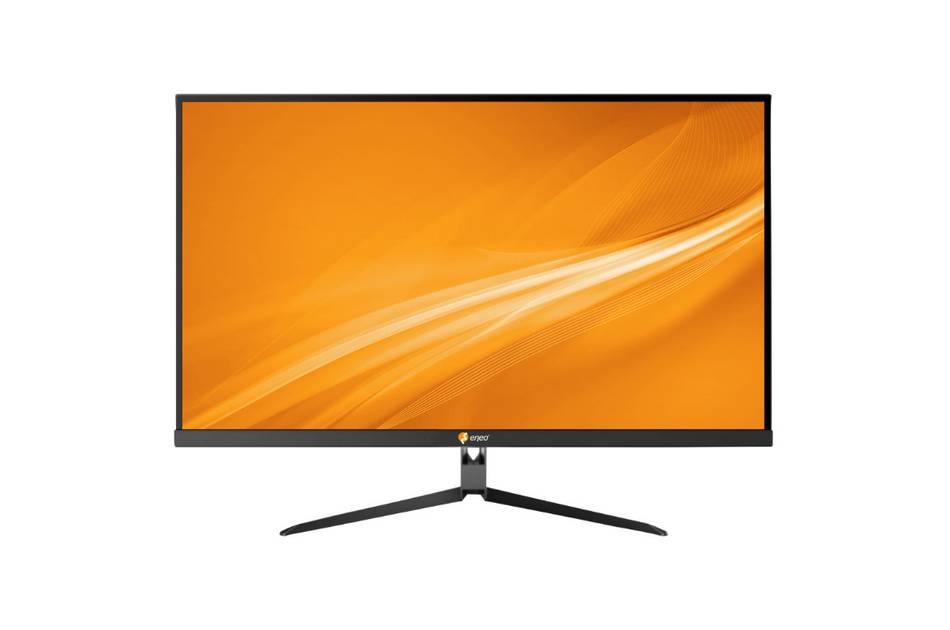 Frontansicht eines schwarzen Flachbildschirmmonitors auf einem Ständer, der ein orangefarbenes abstraktes Wellen-Hintergrundbild auf weißem Hintergrund anzeigt.
