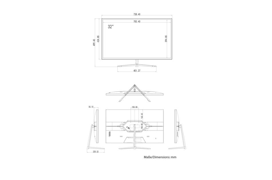 Diagramm, das die Abmessungen in Millimetern eines 32-Zoll-Monitors zeigt, einschließlich Vorder-, Seiten- und Rückansicht. Vorderansicht: 728,4 Breite, 461,27 Höhe.