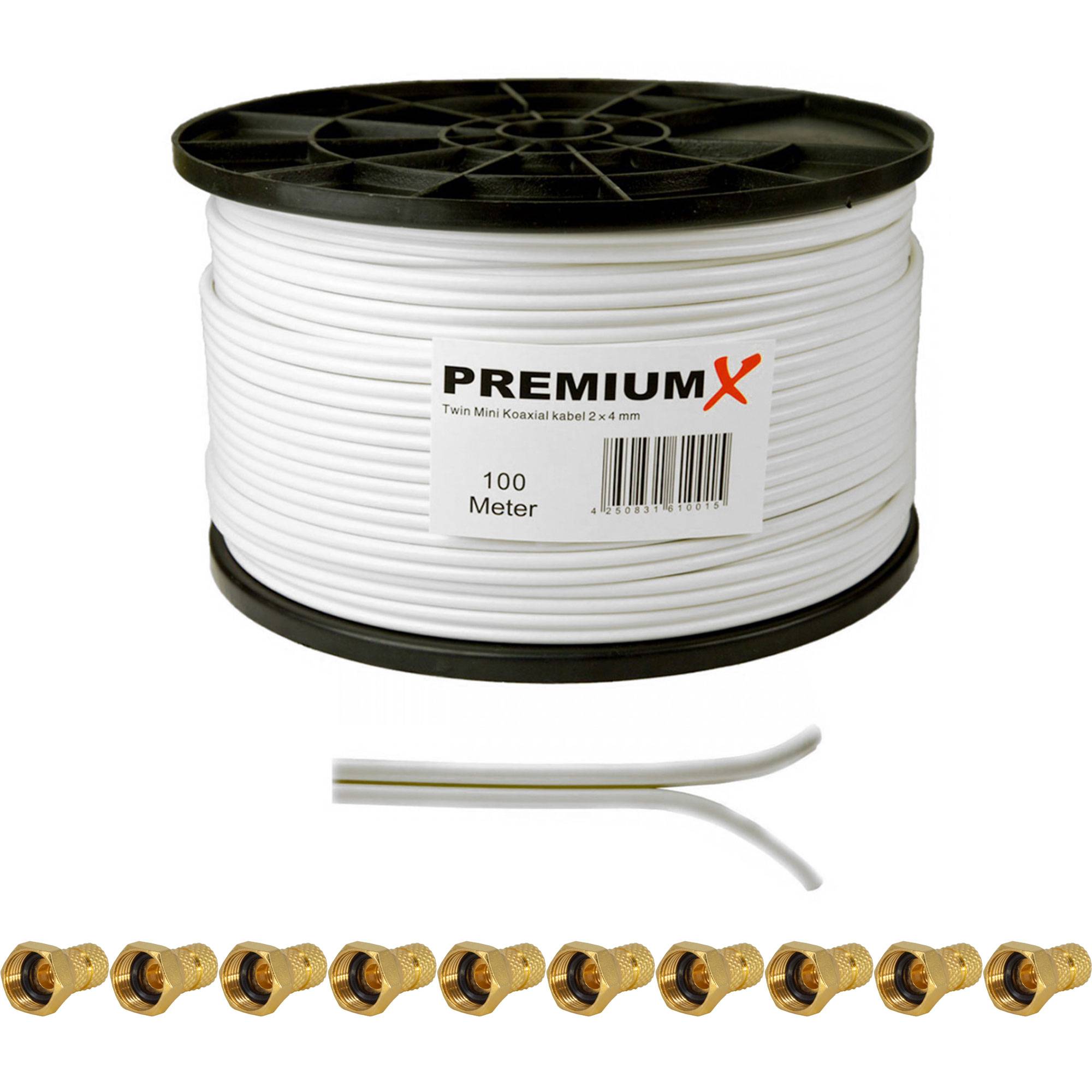 PremiumX 100m Twin Mini Kabel Koax Kabel Antennenkabel Koaxialkabel 2x 4mm in weiß mit Stecker FULL HD HDTV