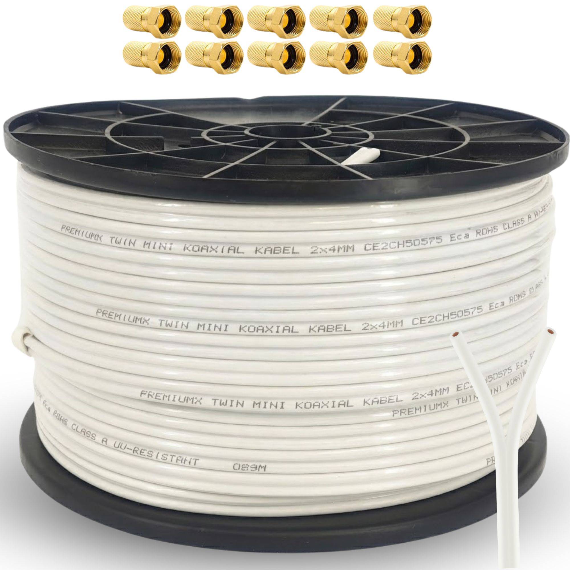PremiumX 100m Twin Mini Kabel Koax Kabel Antennenkabel Koaxialkabel 2x 4mm in weiß mit Stecker FULL HD HDTV