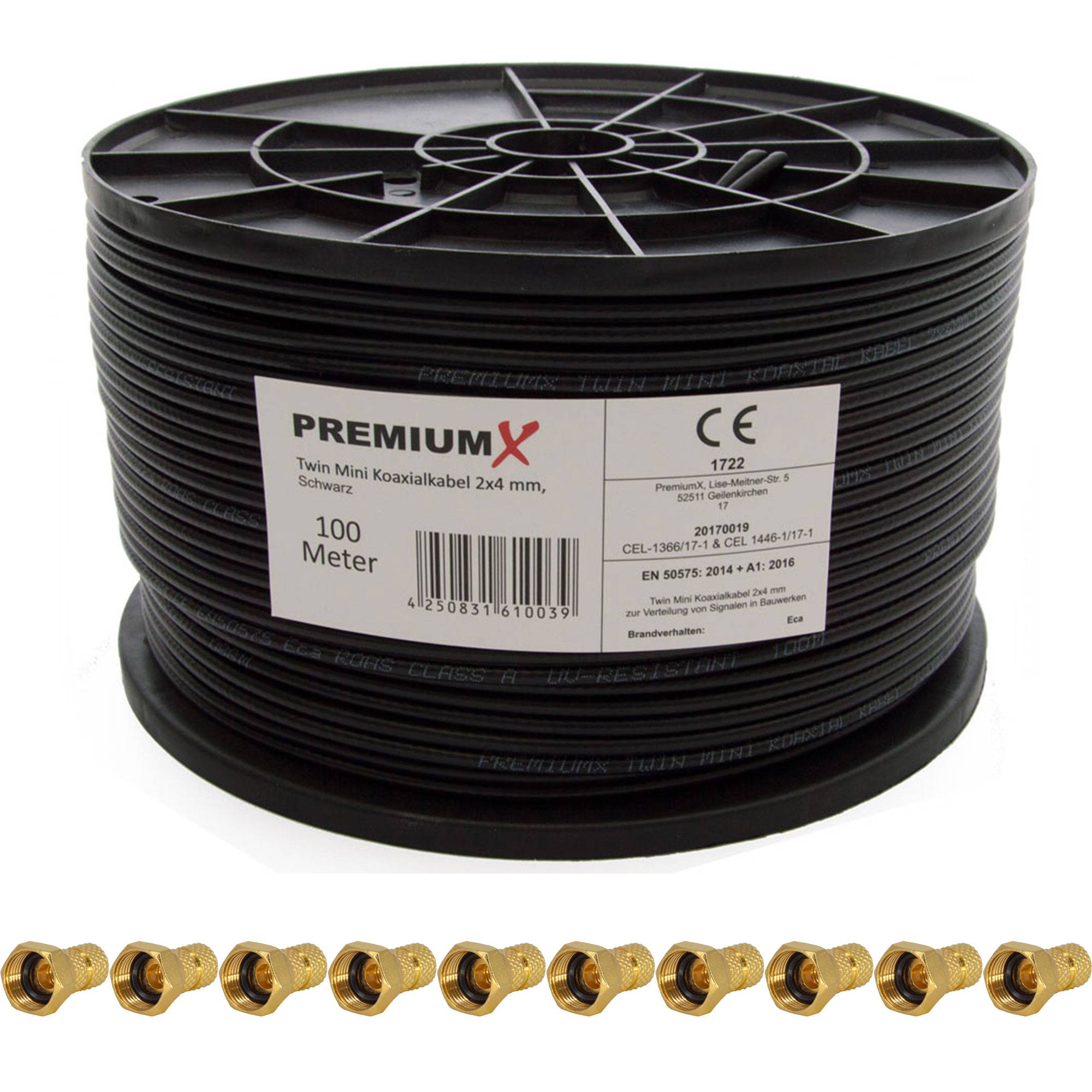 PremiumX 100 Meter Sat Koaxial Kabel 90dB Twin Mini 2x 4 mm Schwarz Antennenkabel + 10x PremiumX F-Stecker 4 mm
