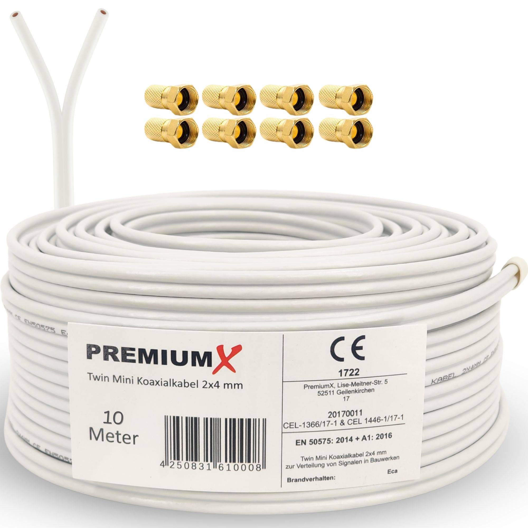 PremiumX 10 Meter Sat Koaxial Kabel 90dB Twin Mini 2x 4 mm weiß FullHD + 8x PremiumX F-Stecker 4mm Aufdrehstecker