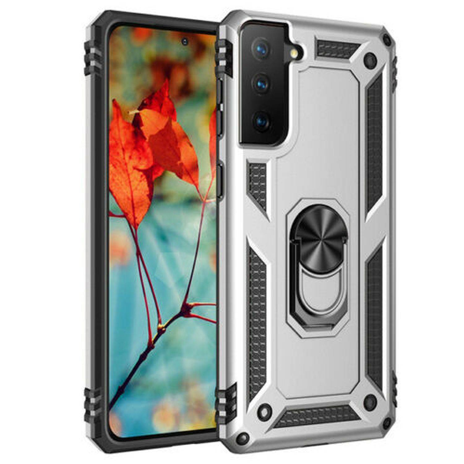 Silikon TPU Slim Case mit 360 Grad Ring Ständer Kickstand Handyhülle Magnetische Autohalterung iPhone 14 Silber