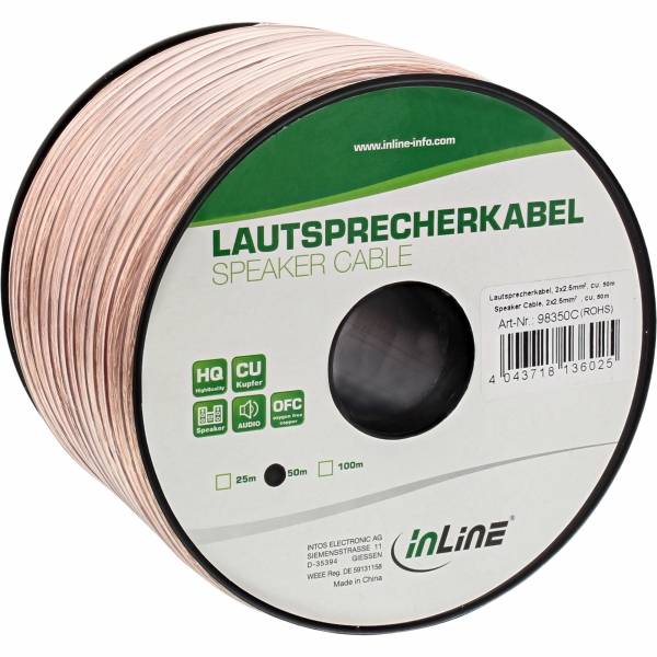 Lautsprecherkabel-Spule gekennzeichnet mit 'Lautsprecherkabel' mit Spezifikationen: 2x2,5mm², 25m bis 100m, Kupfer (CU) Material, von inLine.