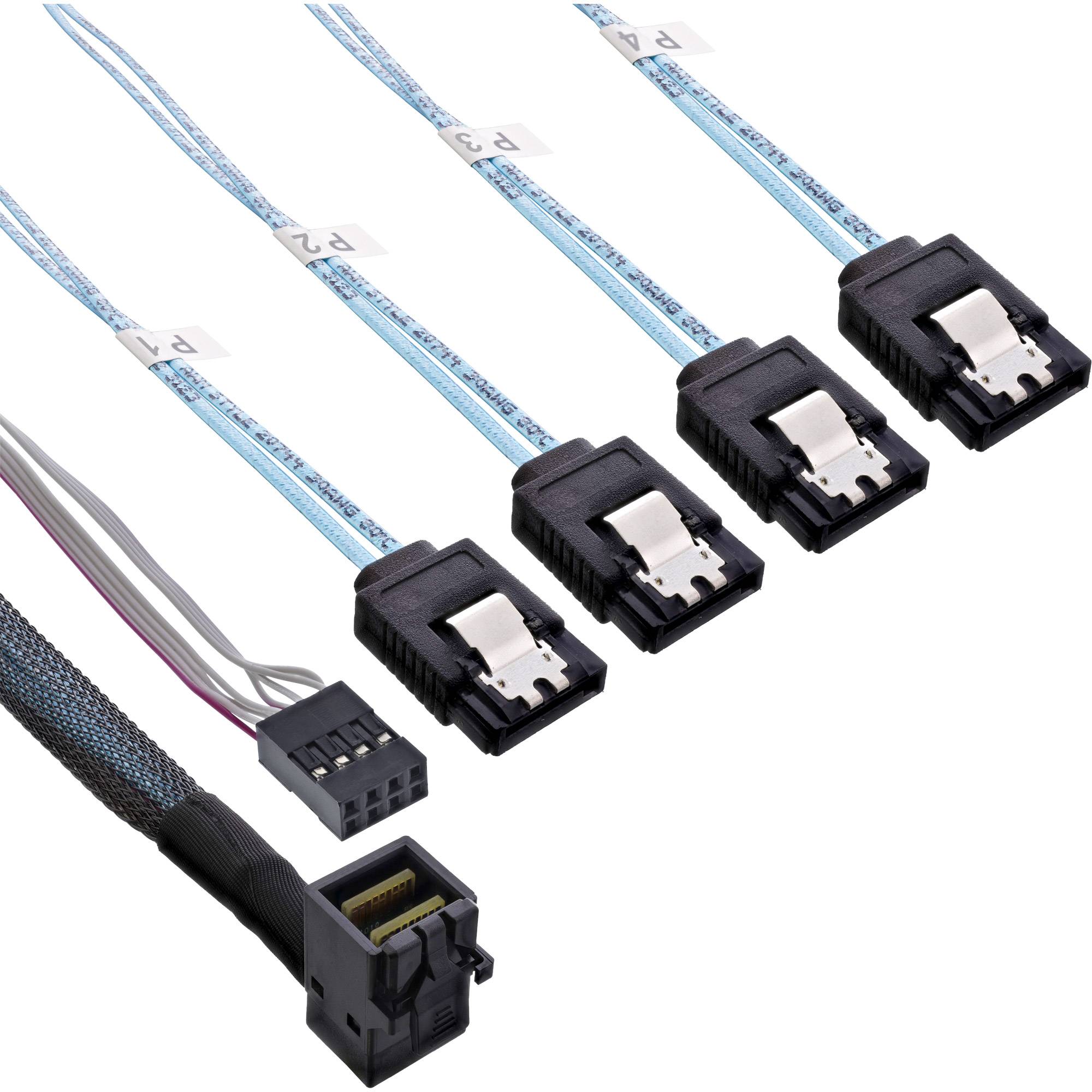 InLine Mini SAS HD Kabel - SFF-8643 gewinkelt zu 4x SATA + Sideband - 1m - bis S