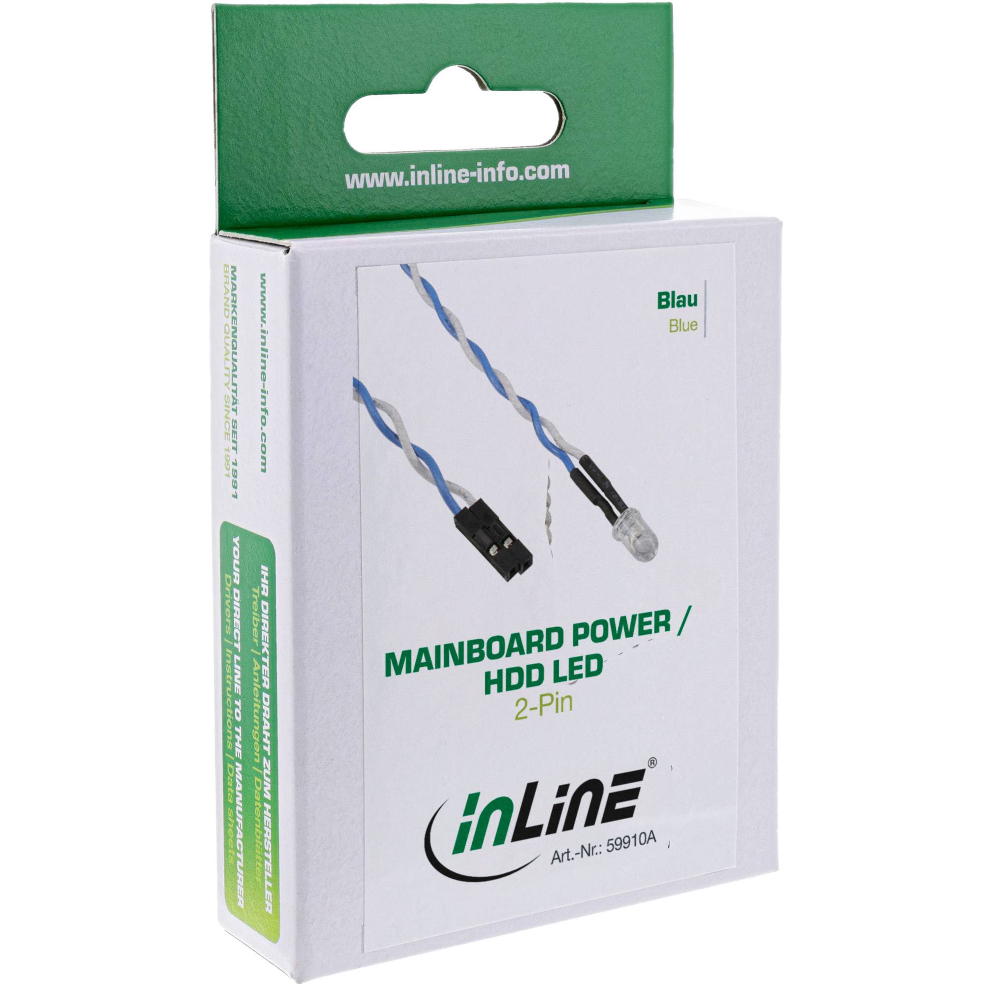 Kasten für inLine 'Mainboard Power / HDD LED 2-Pin' Kabel, dargestellt mit blauem Draht und Steckerillustration, gekennzeichnet mit 'Blau/Blue'.