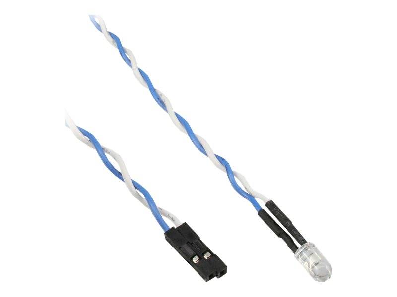 Blau-weißes verdrehtes Stromkabel mit einem schwarzen zweipoligen Stecker an einem Ende und einer transparenten LED-ähnlichen Glühbirne am anderen Ende.