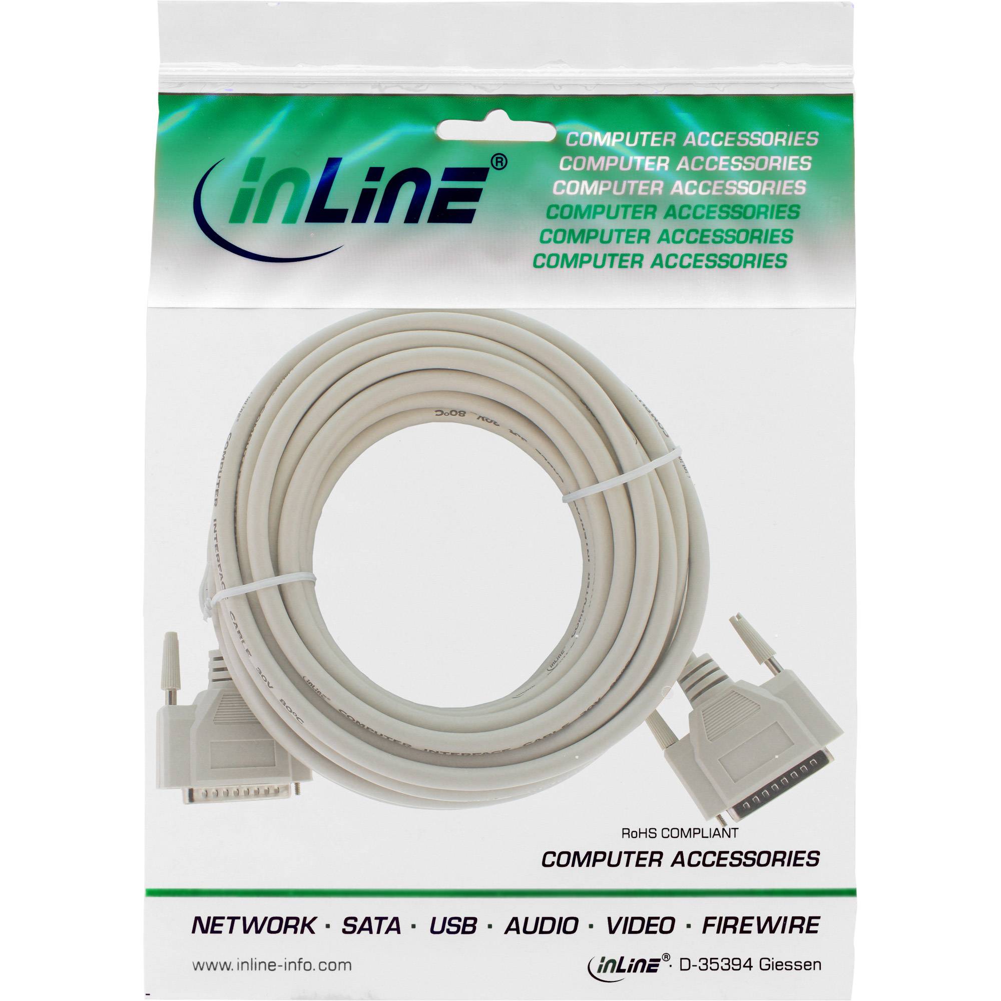 Verpacktes weißes Kabel mit zwei Anschlüssen, gekennzeichnet als inLine Computer-Zubehör; das Produkt scheint ein Netzwerk-/SATA-/USB-/Audio-/Video-/Firewire-Kabel zu sein.