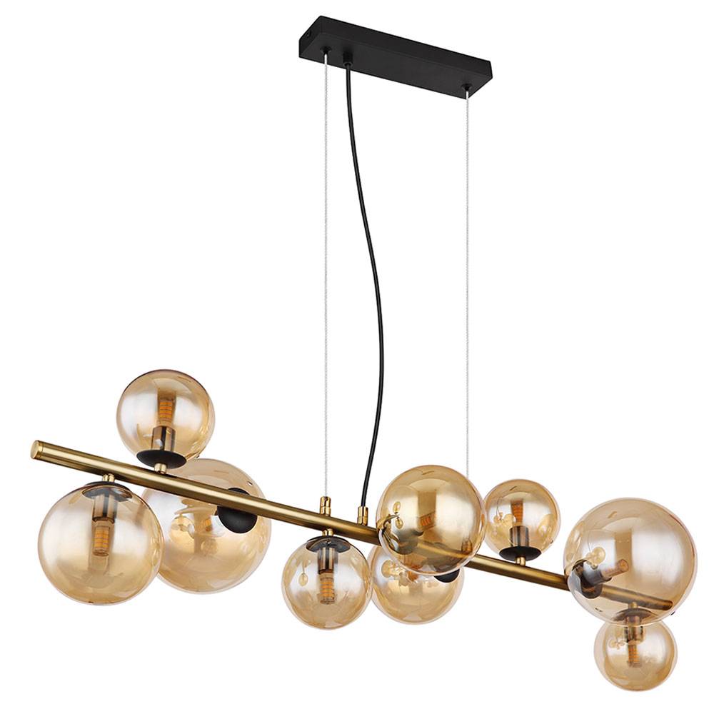 Pendelleuchte Hängelampe Esstischleuchte Kugellampe, 9-flammig, Glas, Amberfarben schwarz, 9x G9 LED 3W 80lm 3000K warmweiß, LxBxH 86,6x36x120 cm