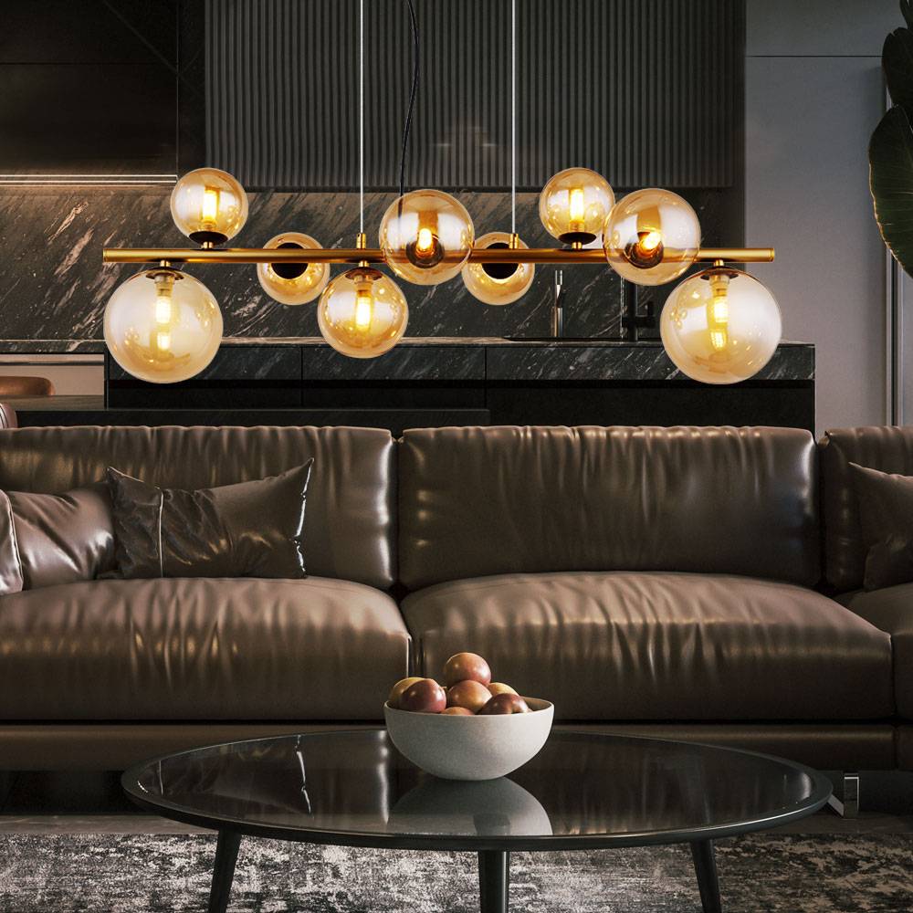 Hängelampe Pendelleuchte Esstischleuchte Kugellampe 9-flammig Glas, Amberfarben schwarz, 9x G9 LED 3W 80lm 3000K warmweiß, LxBxH 86,6x36x120 cm