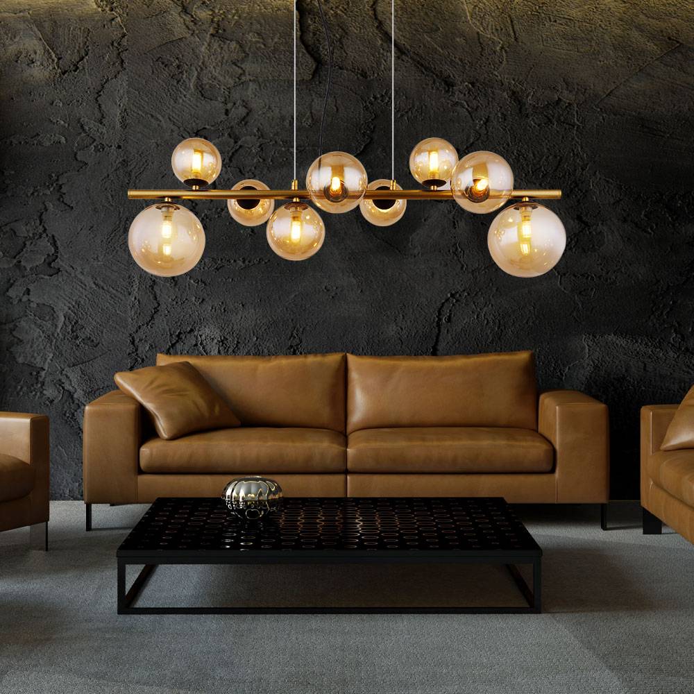 Pendelleuchte Hängelampe Esstischleuchte Kugellampe, 9-flammig, Glas, Amberfarben schwarz, 9x G9 LED 3W 80lm 3000K warmweiß, LxBxH 86,6x36x120 cm