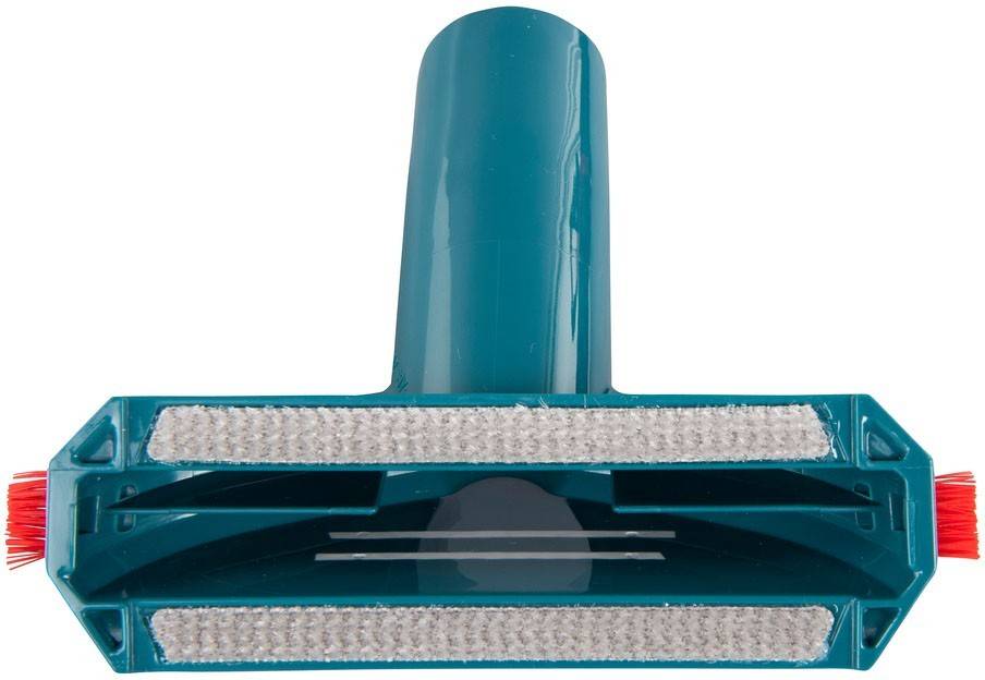 Ein türkisfarbenes Reinigungswerkzeug mit drei weißen Klettverschluss-Streifen zum Befestigen eines Reinigungspads, das für die Verwendung mit Swiffer Wet Jet Wischmopp entwickelt wurde.