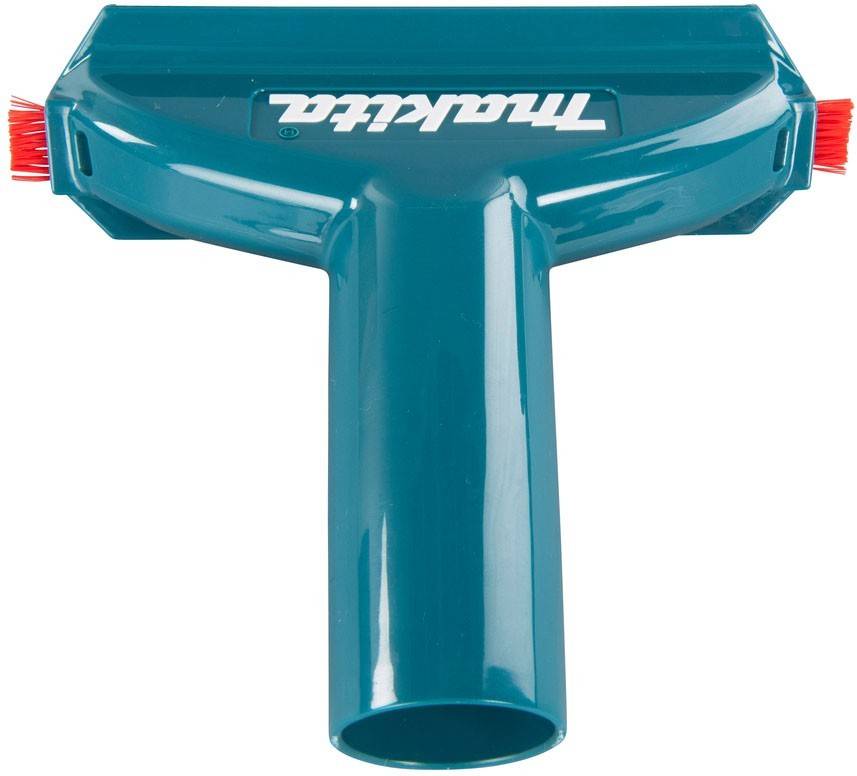 Ein blauer Staubsaugeraufsatz mit dem Markennamen 'makita', der in weißer Schrift oben aufgedruckt ist. Er verfügt über eine breite, flache Düse.