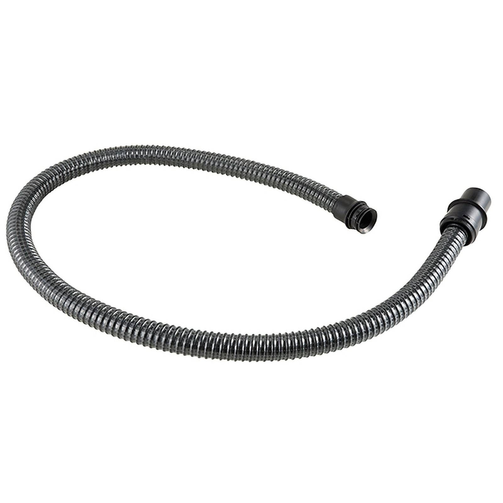 Ein flexibler, spiralförmiger Schlauch mit Anschlüssen an beiden Enden, der für Sanitär- oder Maschineninstallationen entwickelt wurde. Der Schlauch ist grau und strukturiert.