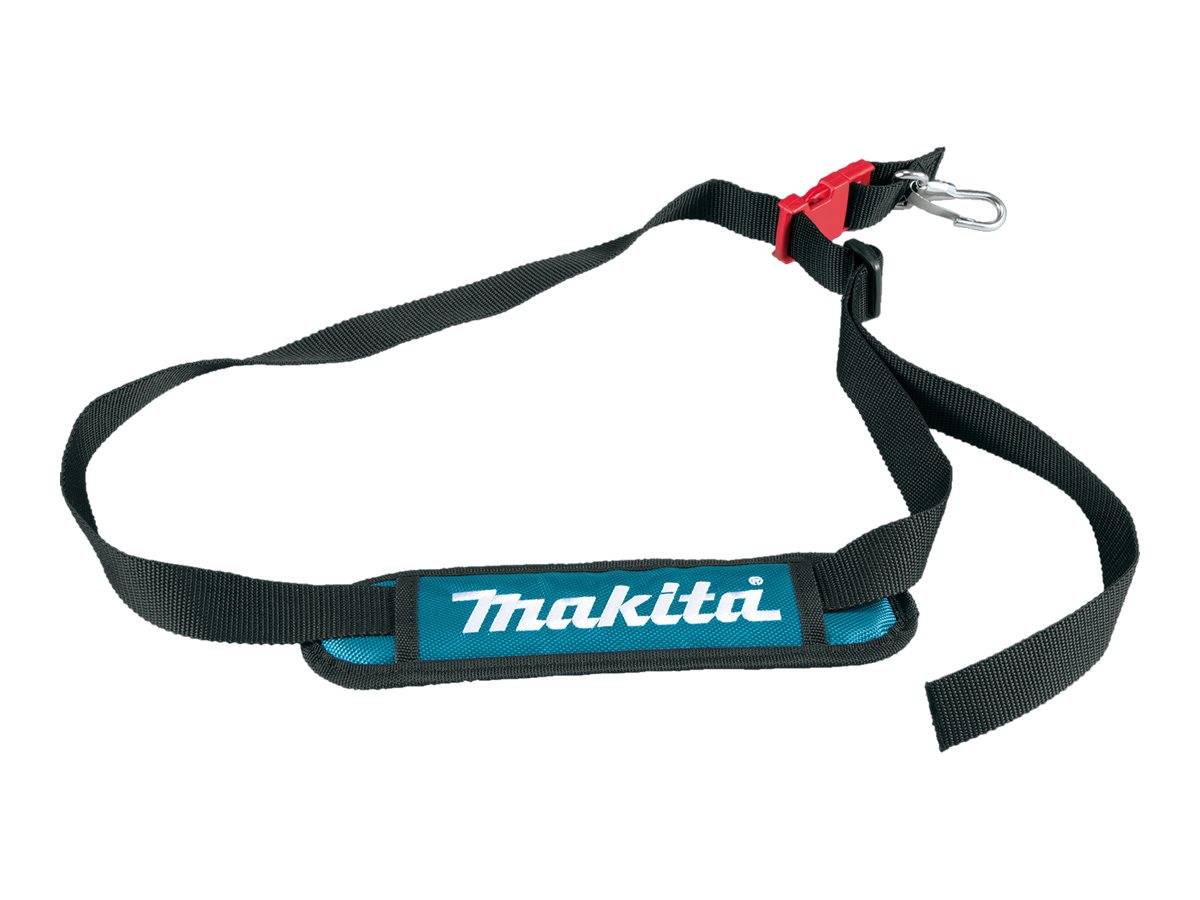 Makita-Schultergurt mit schwarzem verstellbarem Gurtband, rotem Schnappverschluss und gepolstertem blauem Logo-Pad zum Tragen von Werkzeugen.