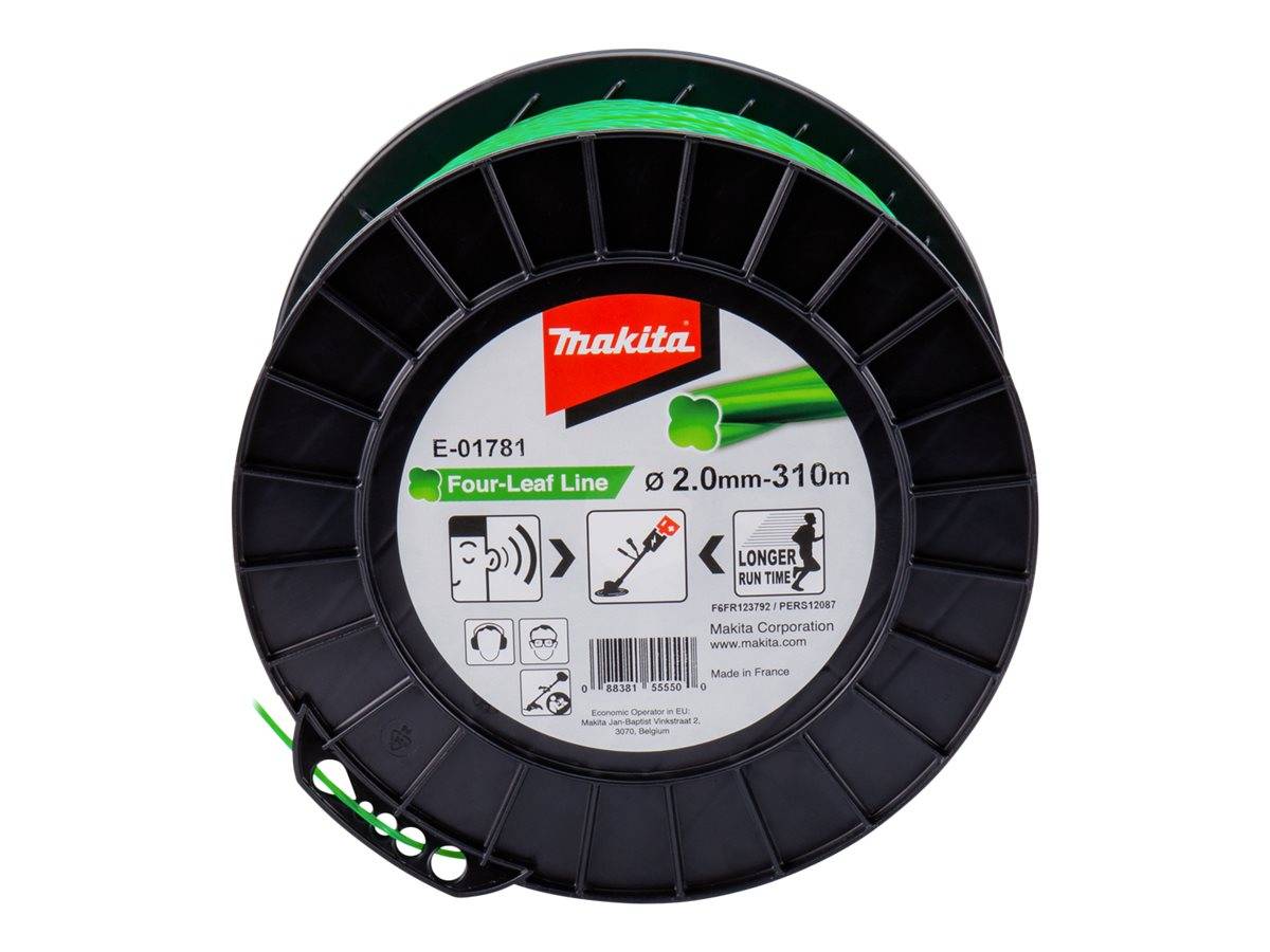Eine Makita-Spule mit vierflügeliger Schnur, beschriftet mit 2,0 mm x 310 m, gezeigt auf einer schwarzen Spule.