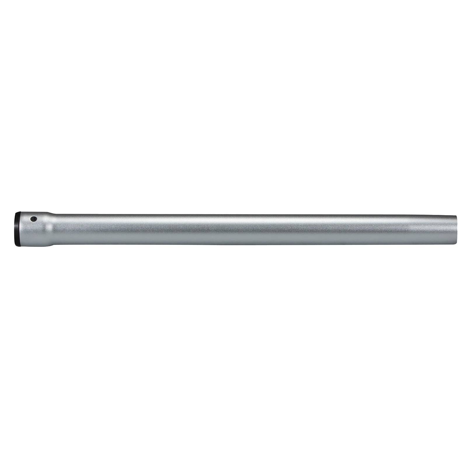 Lange silberfarbene Metallverlängerungsstange mit schwarzer Endkappe, horizontal auf weißem Hintergrund dargestellt.