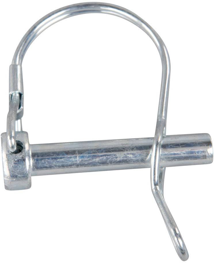 Eine Nahaufnahme eines Metallbolzens mit einer R-Klammer, der zum Sichern von Teilen in Maschinen oder Ausrüstung verwendet wird.