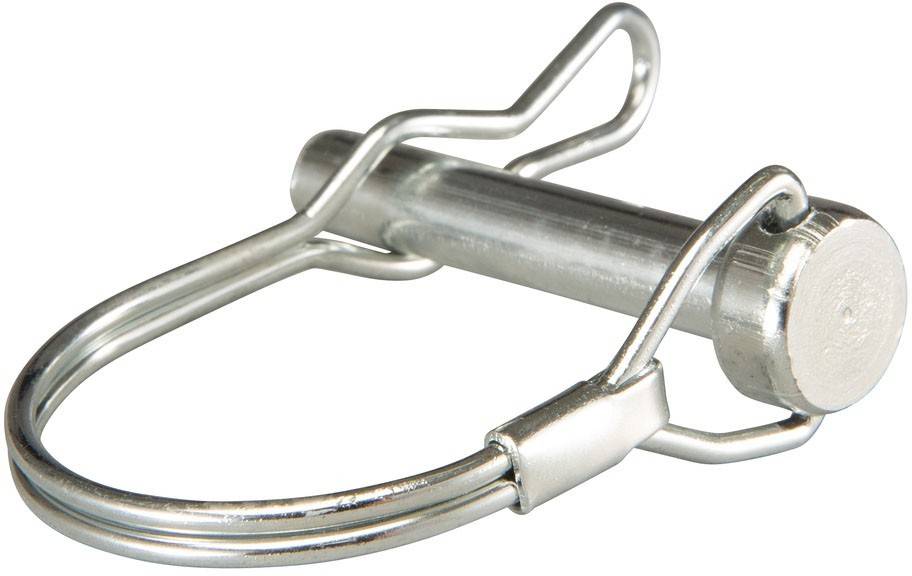 Detailaufnahme eines Metallsicherungsstifts mit Klemme, der seine gebogene Form und robuste Konstruktion zur Sicherung von Ausrüstung oder Maschinen präsentiert.