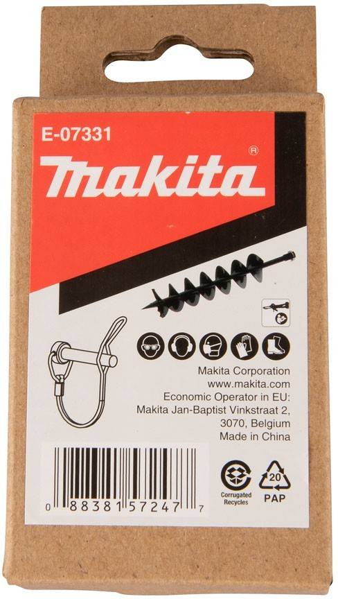 Makita E-07331' Spiralbohrer-Zubehörpaket. Zeigt Produktabbildung, Markenlogo und verschiedene Symbole, die Nutzungs- und Sicherheitshinweise darstellen.