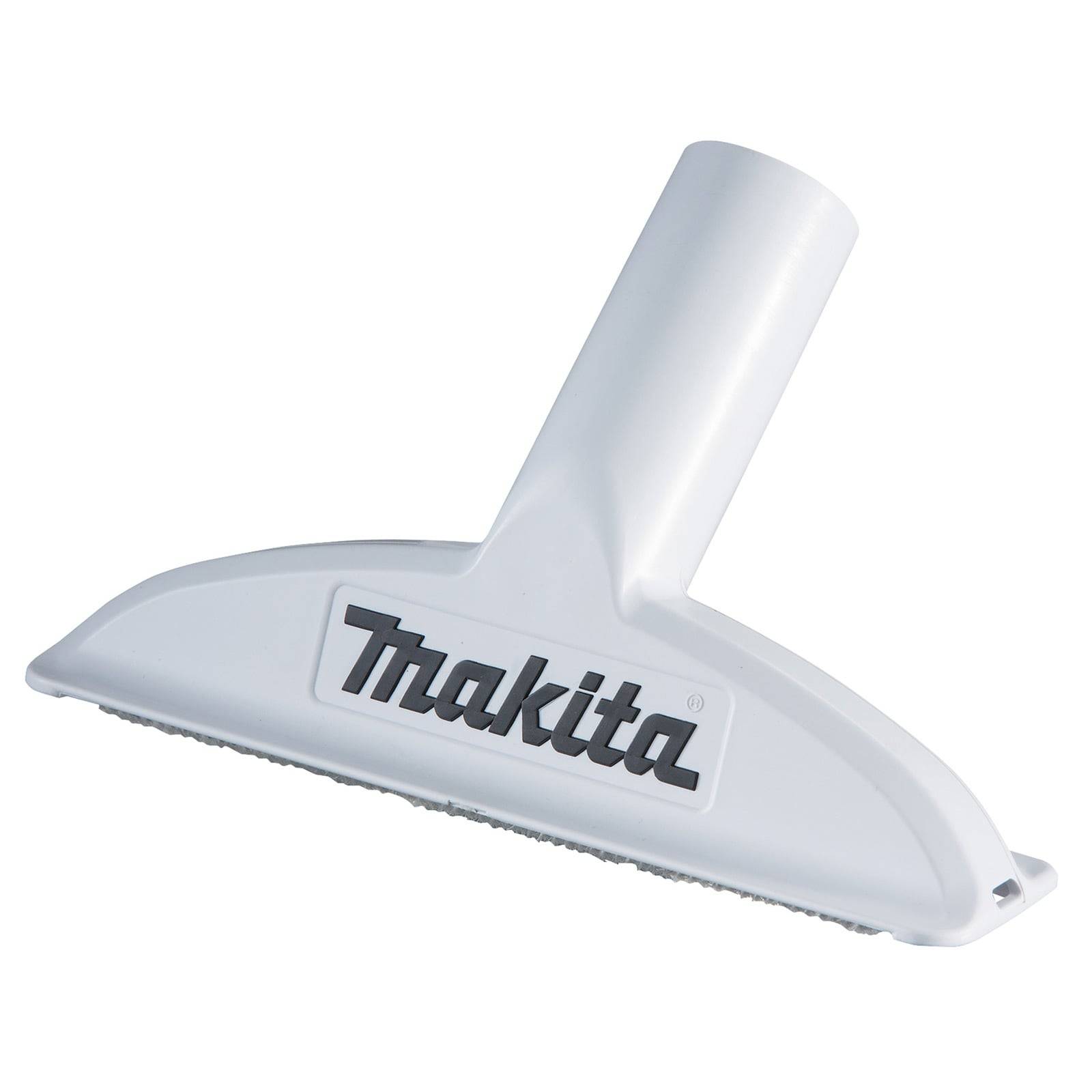 Ein weißer Makita-Staubsaugeraufsatz mit einem breiten, flachen Kopf, der für die Reinigung großer Flächen konzipiert ist. Der Markenname 'Makita' ist in Schwarz aufgedruckt.
